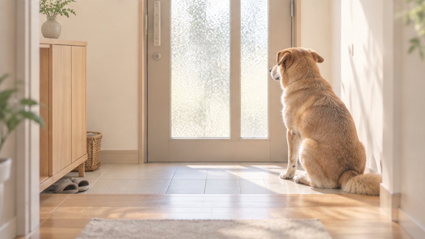 家の玄関で、すりガラスの扉の向こうをじっと見つめて待っている犬。床に朝の光が伸びている